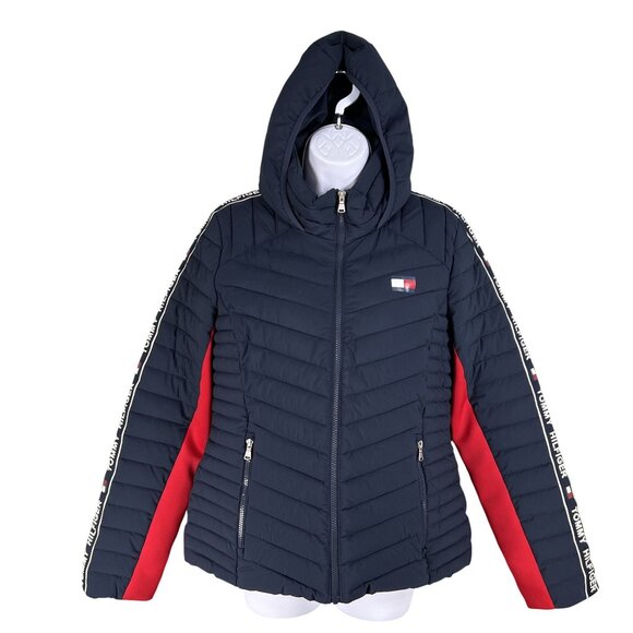 Tommy Hilfiger Women M Puffer Hooded Jacket Branded Strip Down Sleeves Flag Logo - Picture 7 of 16
